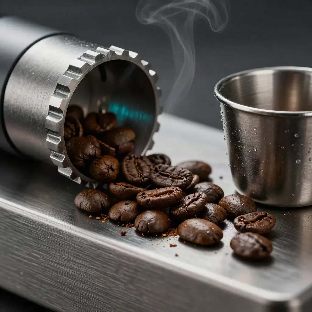 Grinder per caffè, vaschetta di chicchi e dosatore in acciaio su metallo spazzolato.