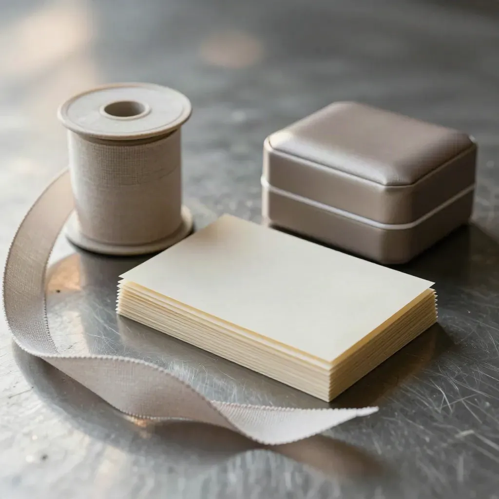 Spool di nastro, cartoncini piegati e cofanetto per anello su metallo spazzolato.