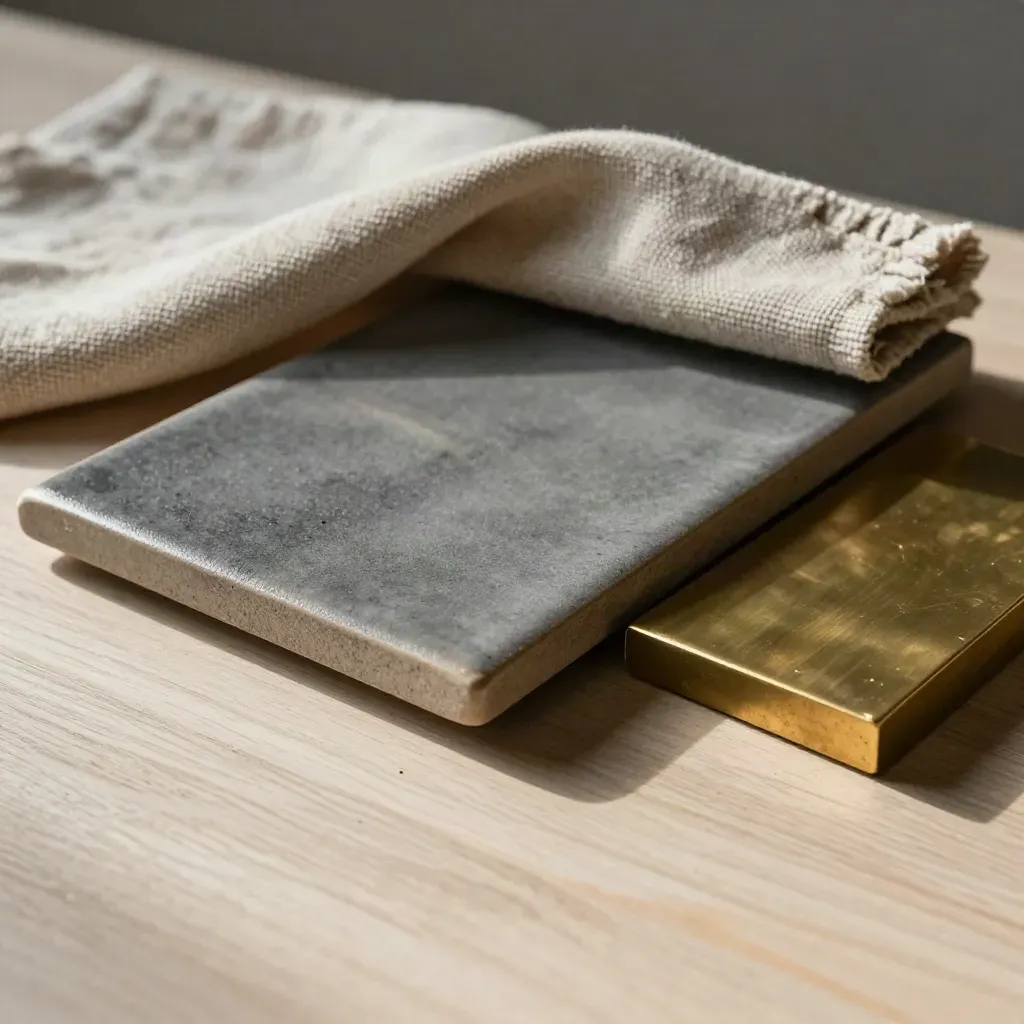 Campioni di piastrelle, lino e ottone su legno chiaro, luce morbida e ombre profonde.