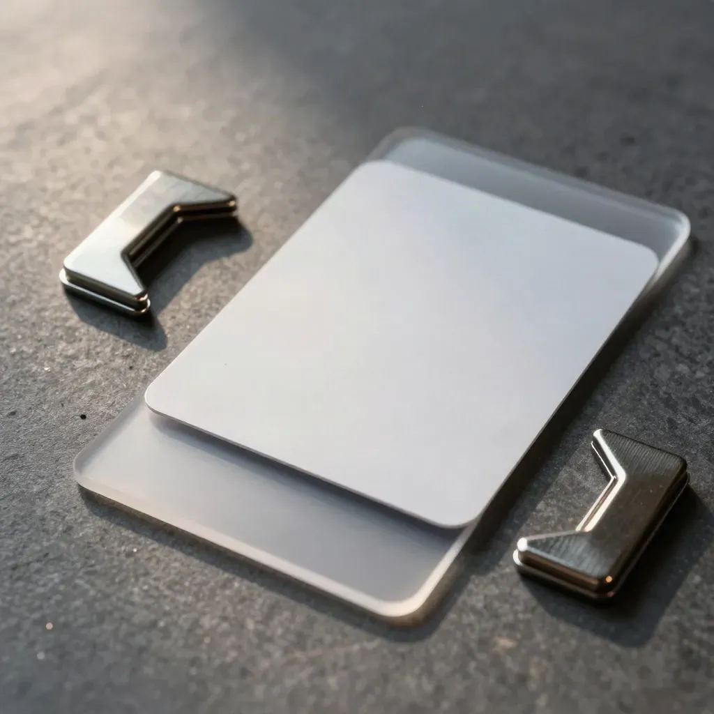 Sleeve acrilica satinata con card membro e due clip metalliche su grafite.