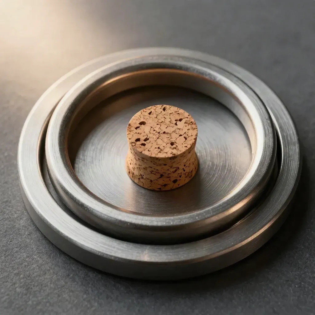 Tre gettoni rotondi e anelli metallici su acciaio spazzolato, stile macro premium
