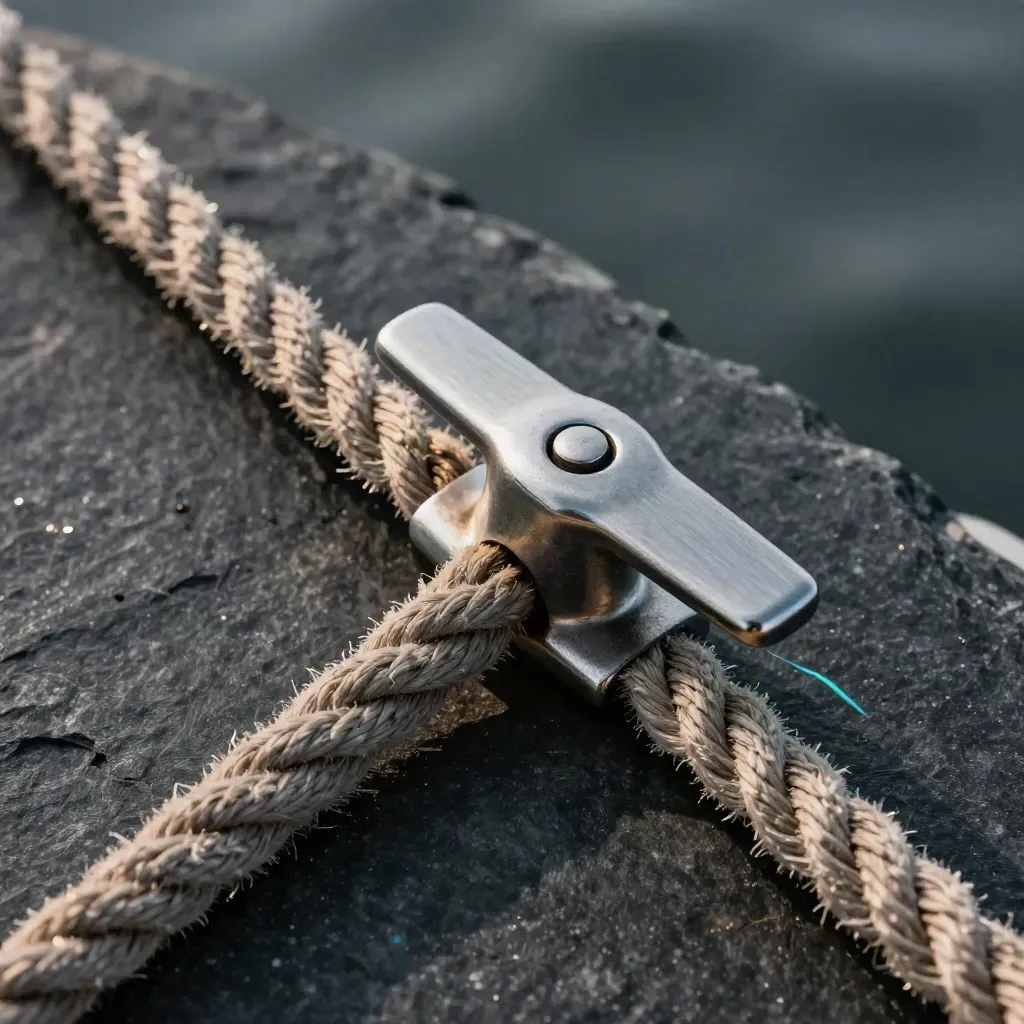 Cima nautica intrecciata, bitte in acciaio e clip di navigazione su pietra scura.