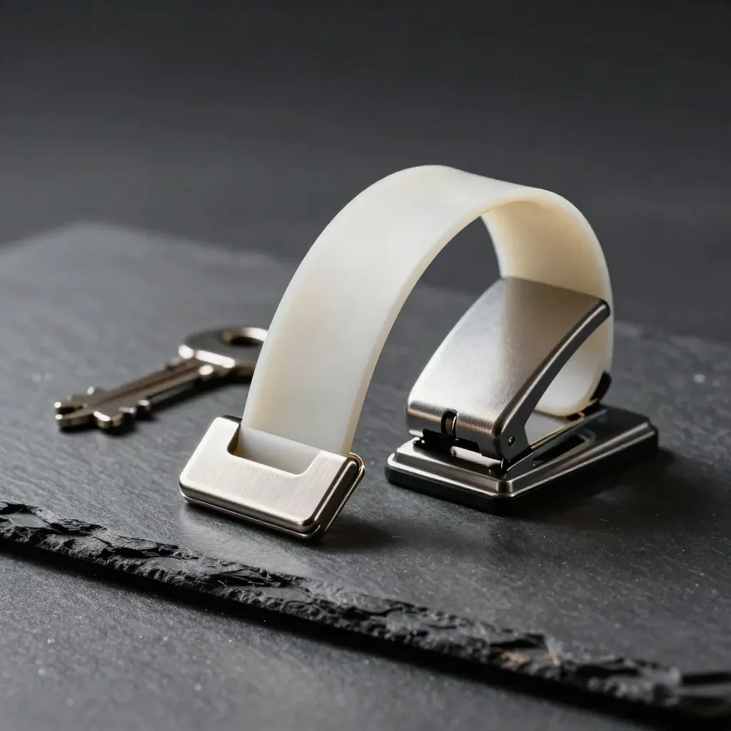 Badge clip, braccialetto arrotolato e perforatore su ardesia scura.