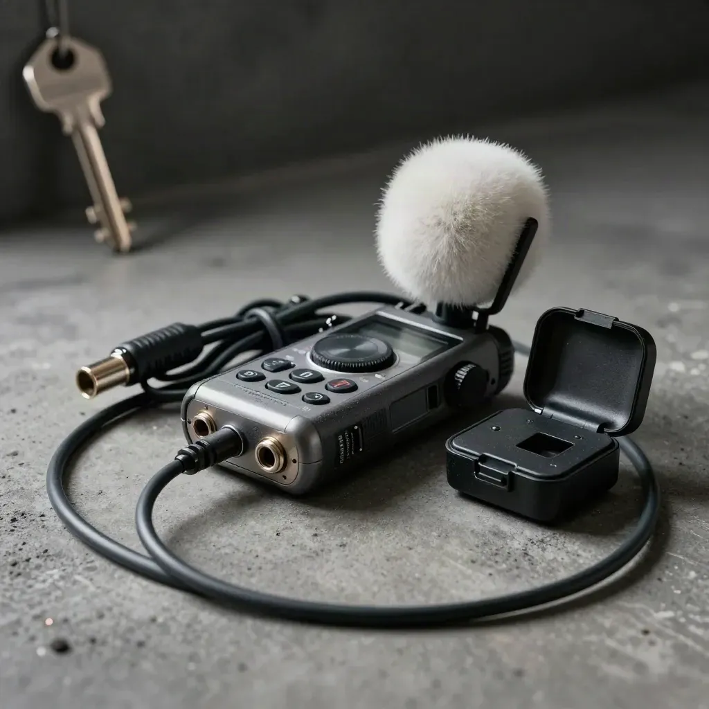 Registratore audio, cavo XLR e microfono clip-on su cemento, con spire sfocate in primo piano.