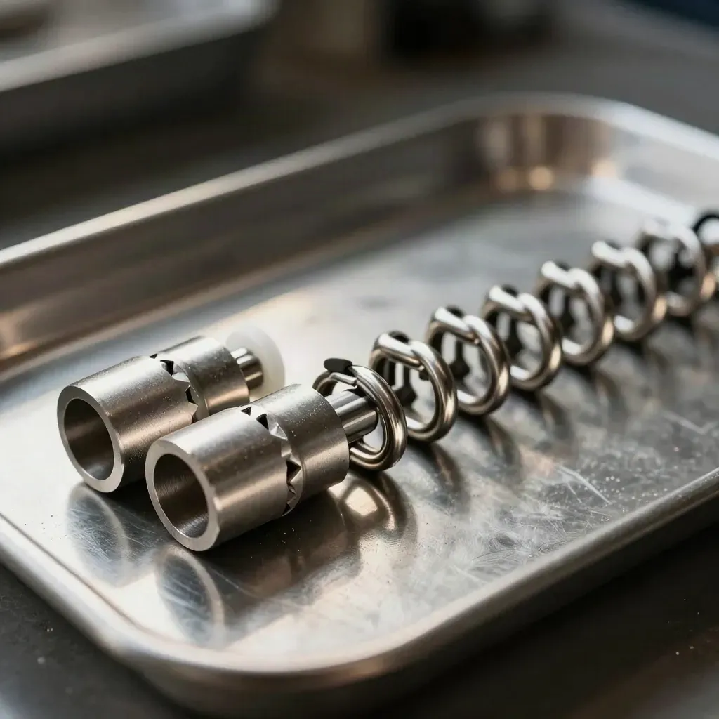 Anelli e coupler metallici su acciaio spazzolato, luce radente e polvere fine.