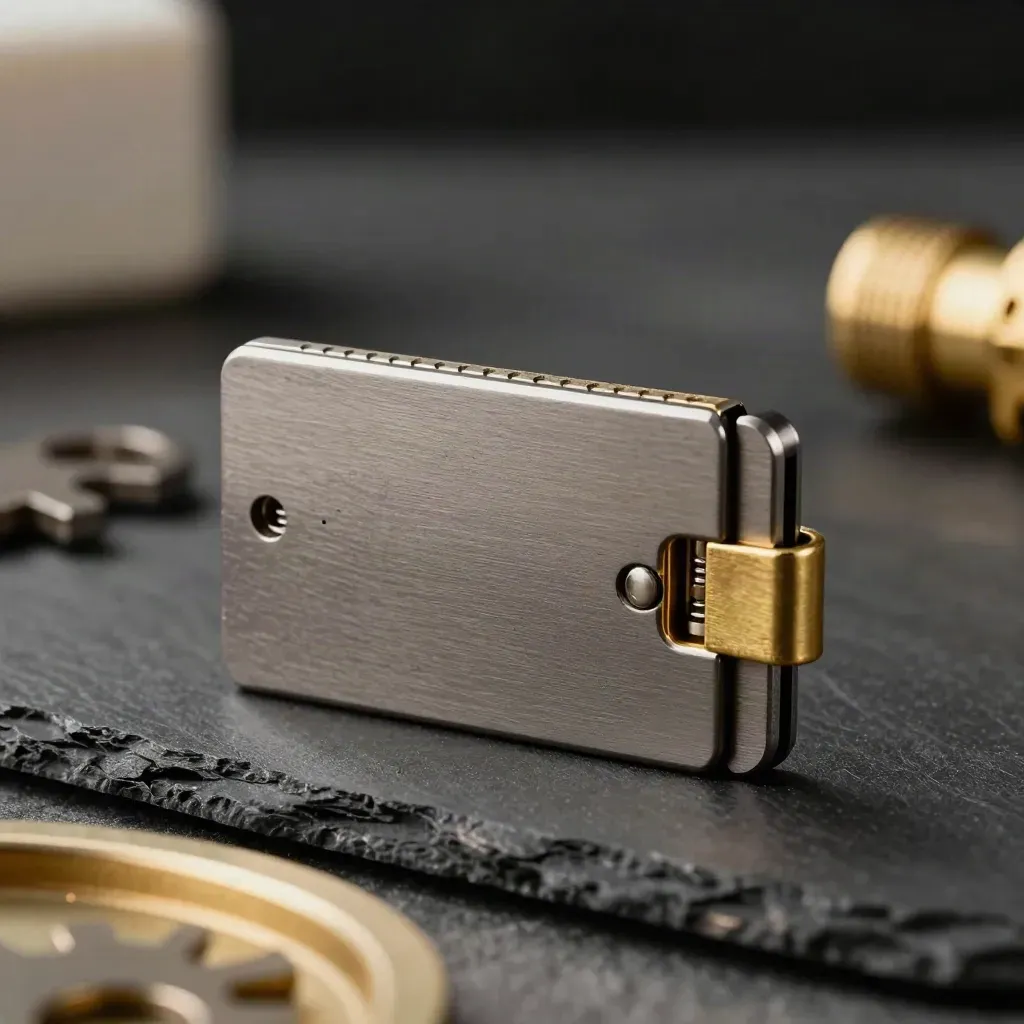 Guscio metallico con pin di contatto e fermo in ottone su metallo spazzolato, in luce radente.